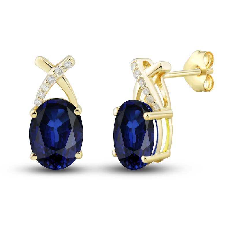 Main Image 3 of Blue Lab-Created Sapphire Ring, Earring & Necklace Set 1/5 ct tw Diamonds 10K Yellow Gold