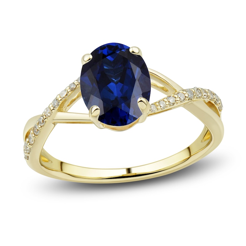 Main Image 4 of Blue Lab-Created Sapphire Ring, Earring & Necklace Set 1/5 ct tw Diamonds 10K Yellow Gold
