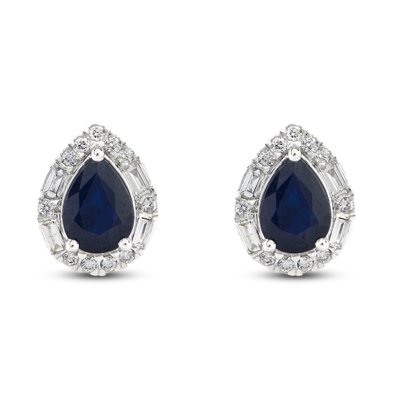 Natural Blue Sapphire Earrings 1/3 ct tw Diamonds 14K White Gold with 360