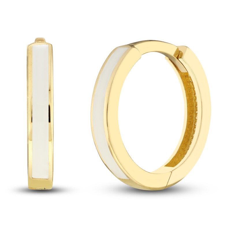 Hoop Earrings White Enamel 14K Yellow Gold