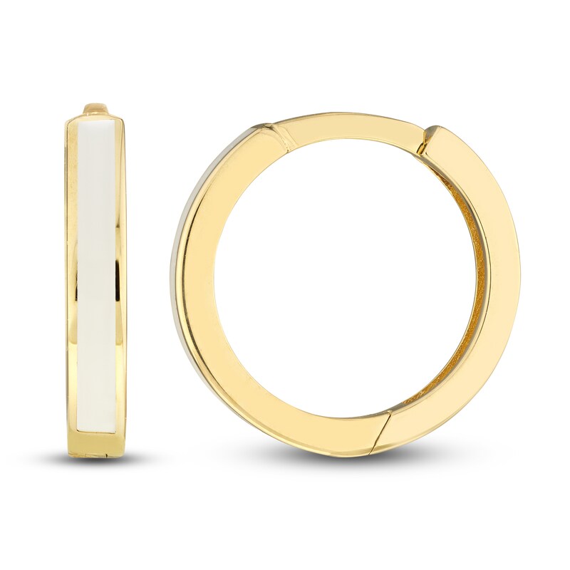 Hoop Earrings White Enamel 14K Yellow Gold