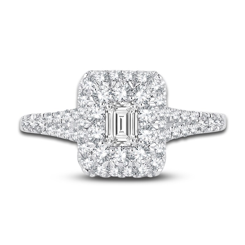 Main Image 3 of Diamond Double Halo Engagement Ring 1 ct tw Emerald/Round 14K White Gold