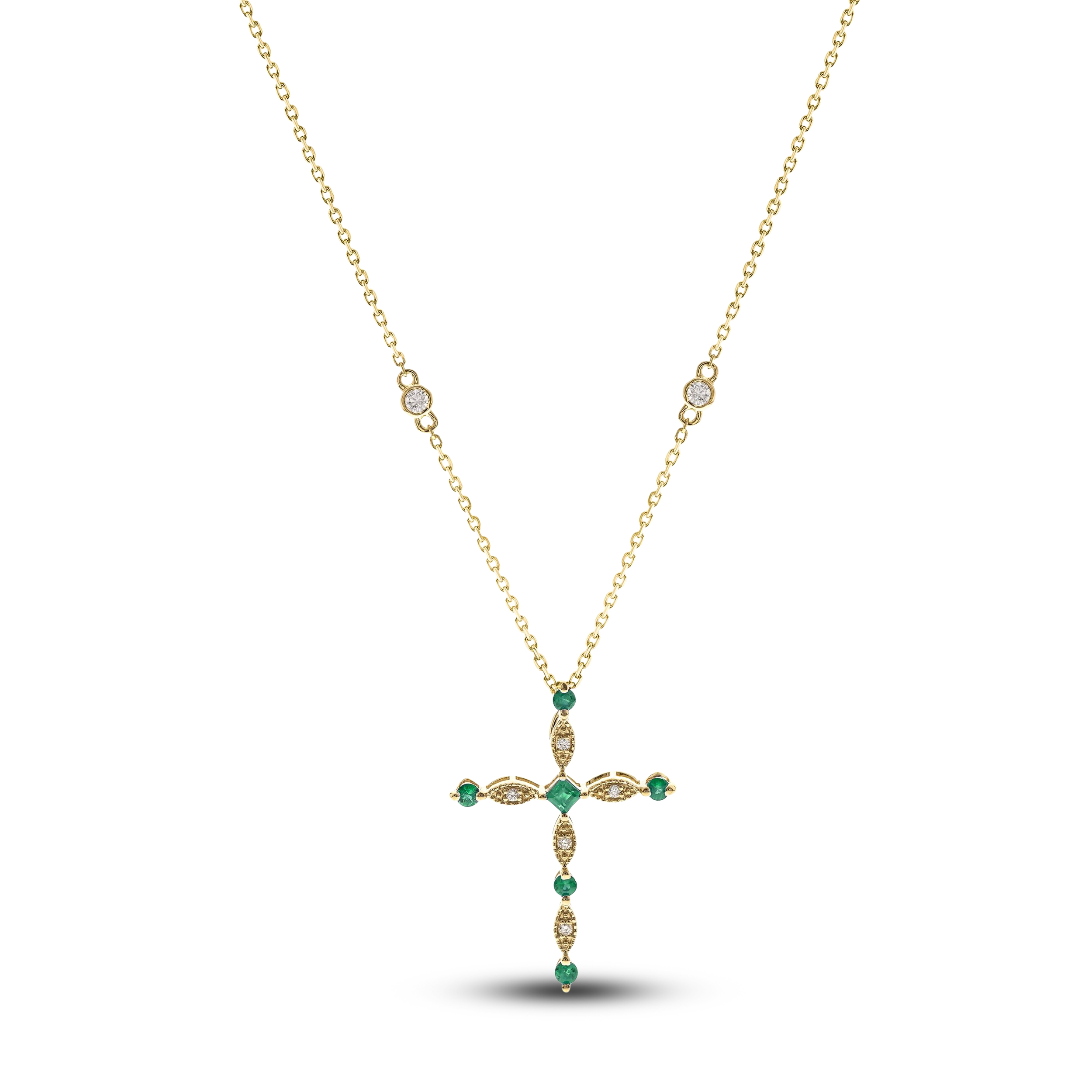 Main Image 1 of Natural Emerald Cross Pendant Necklace 1/15 ct tw Diamonds 14K Yellow Gold 18"