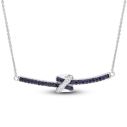 Y-Knot Natural Blue Sapphire Necklace 1/20 ct tw Diamonds 14K White Gold 17"