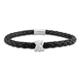 Y-Knot Men's Diamond & Woven Black Leather Bracelet 1/20 ct tw Round 14K White Gold 9"