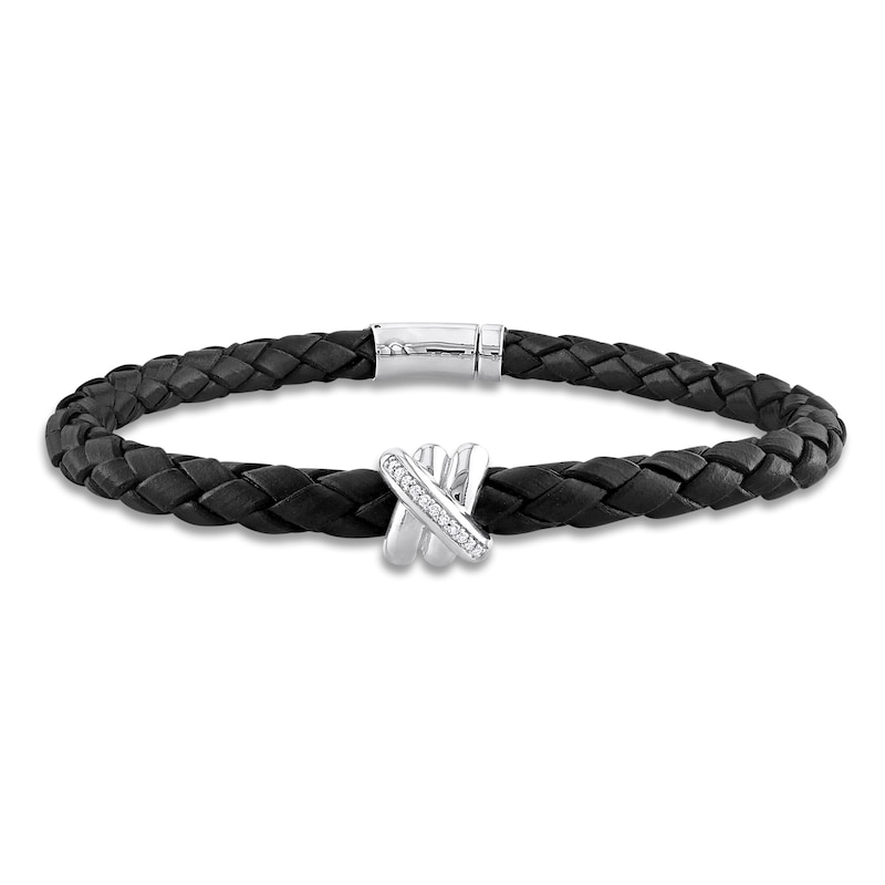 Main Image 1 of Y-Knot Men's Diamond & Woven Black Leather Bracelet 1/20 ct tw Round 14K White Gold 9"