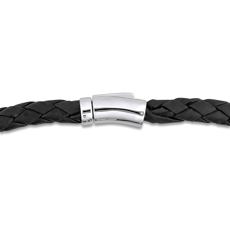Main Image 2 of Y-Knot Men's Diamond & Woven Black Leather Bracelet 1/20 ct tw Round 14K White Gold 9"