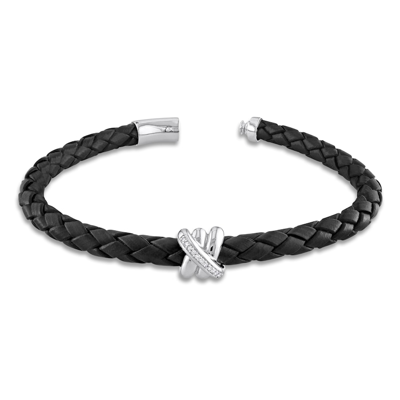 Main Image 3 of Y-Knot Men's Diamond & Woven Black Leather Bracelet 1/20 ct tw Round 14K White Gold 9"