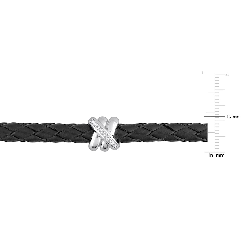 Main Image 4 of Y-Knot Men's Diamond & Woven Black Leather Bracelet 1/20 ct tw Round 14K White Gold 9"
