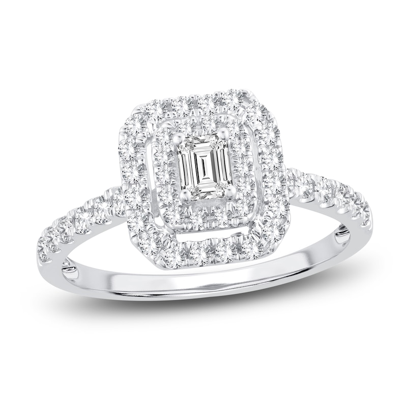 Main Image 1 of Diamond Double Halo Engagement Ring 3/4 ct tw Emerald/Round 14K White Gold