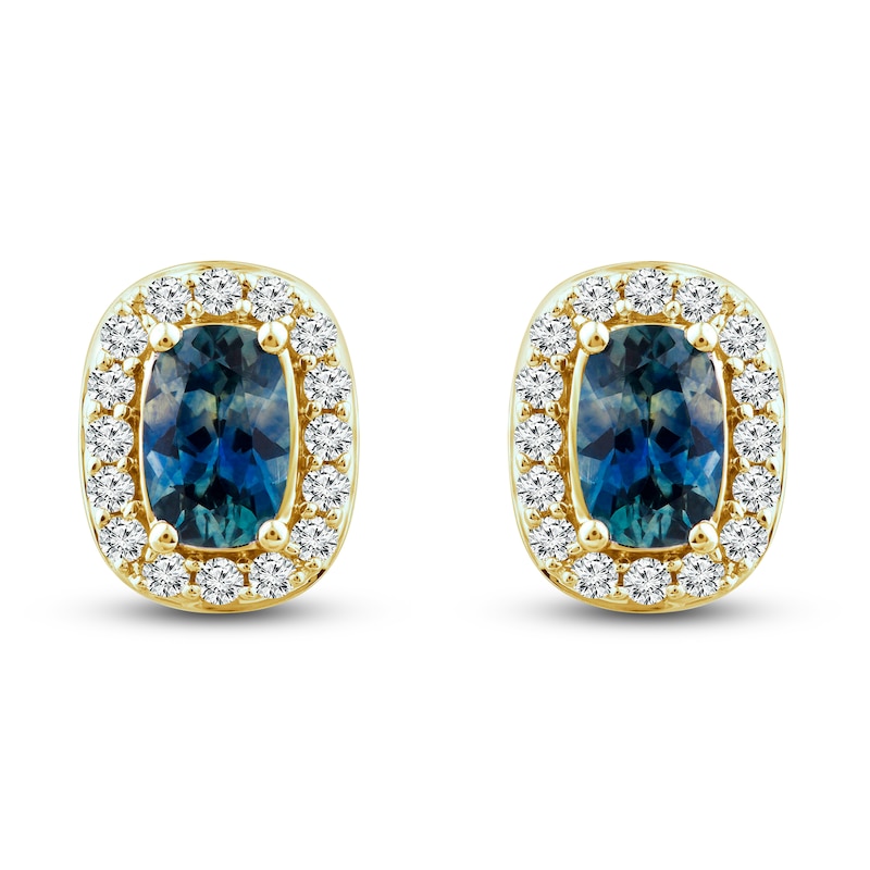 Main Image 2 of Montana Blue Cushion-Cut Natural Sapphire Stud Earrings 1/4 ct tw Round Diamonds 14K Yellow Gold
