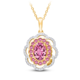 Kallati Oval-Cut Natural Pink Sapphire & Diamond Scalloped Halo Frame Necklace 1/5 ct tw 14K Yellow Gold 18"