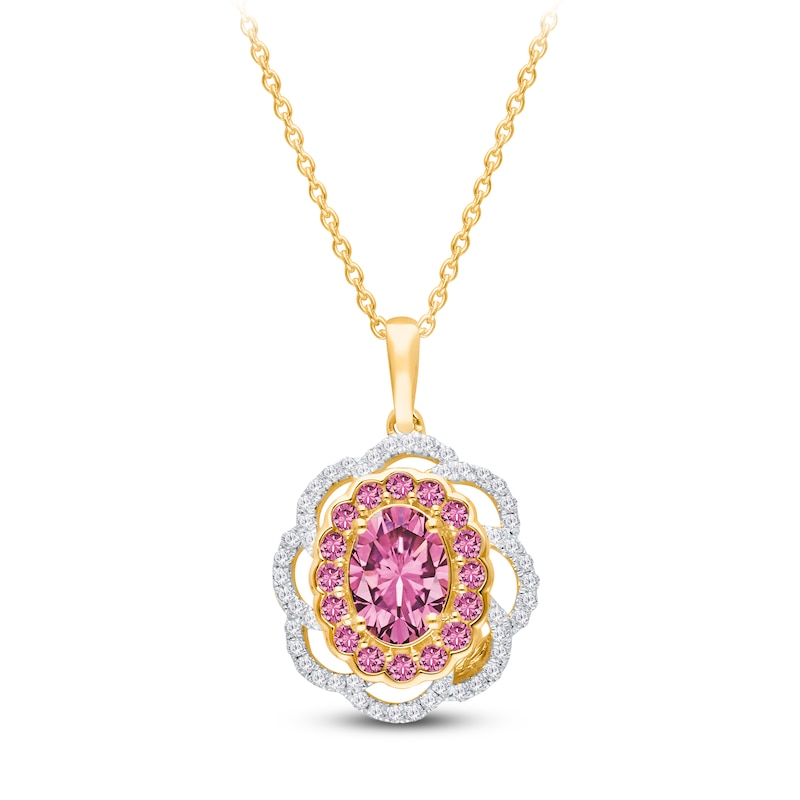 Main Image 2 of Kallati Oval-Cut Natural Pink Sapphire & Diamond Scalloped Halo Frame Necklace 1/5 ct tw 14K Yellow Gold 18"