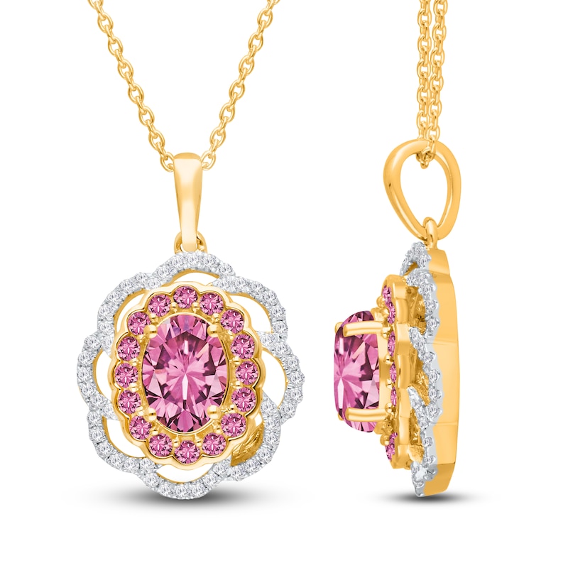 Main Image 3 of Kallati Oval-Cut Natural Pink Sapphire & Diamond Scalloped Halo Frame Necklace 1/5 ct tw 14K Yellow Gold 18"