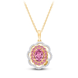 Kallati Oval-Cut Natural Pink Sapphire & Diamond Scalloped Halo Frame Necklace 1/4 ct tw 14K Yellow Gold 18"