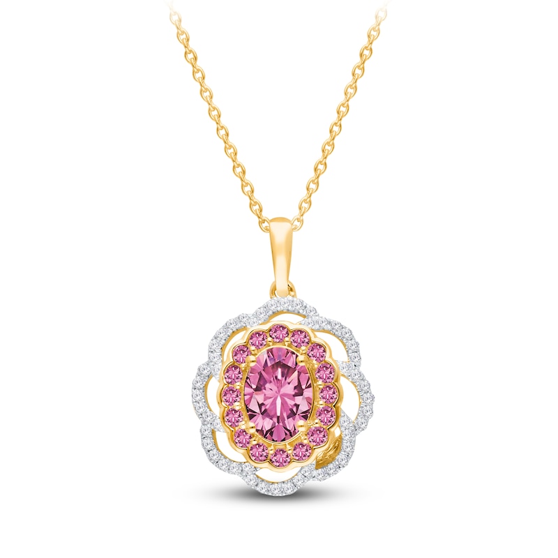 Main Image 1 of Kallati Oval-Cut Natural Pink Sapphire & Diamond Scalloped Halo Frame Necklace 1/4 ct tw 14K Yellow Gold 18"