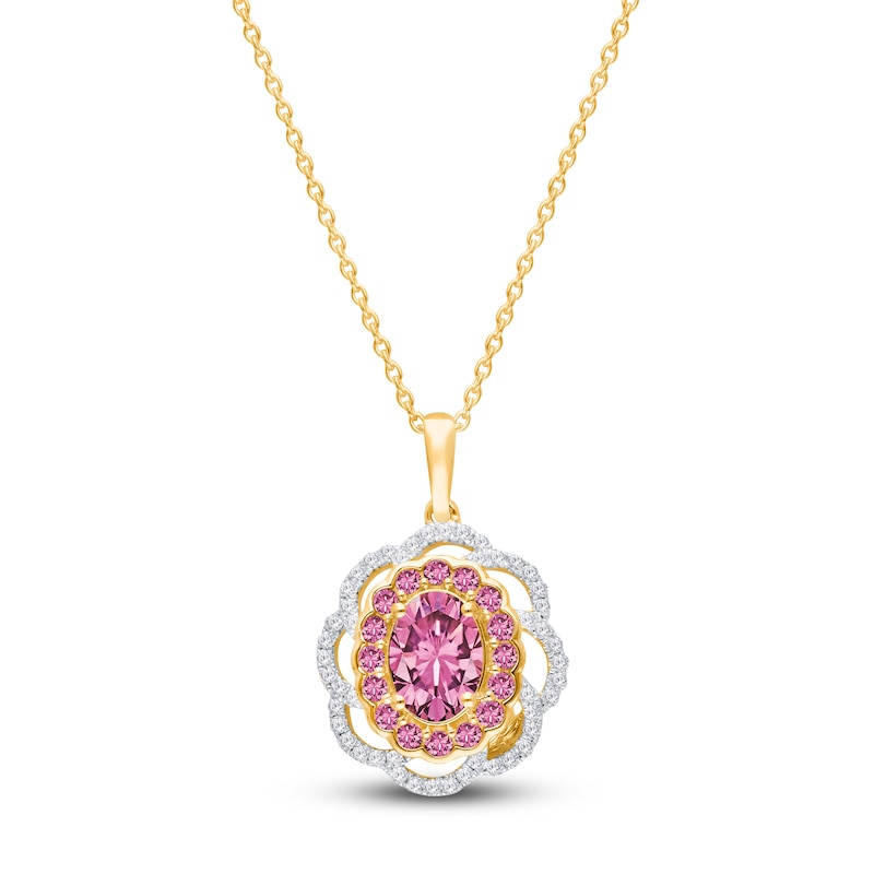 Main Image 2 of Kallati Oval-Cut Natural Pink Sapphire & Diamond Scalloped Halo Frame Necklace 1/4 ct tw 14K Yellow Gold 18"
