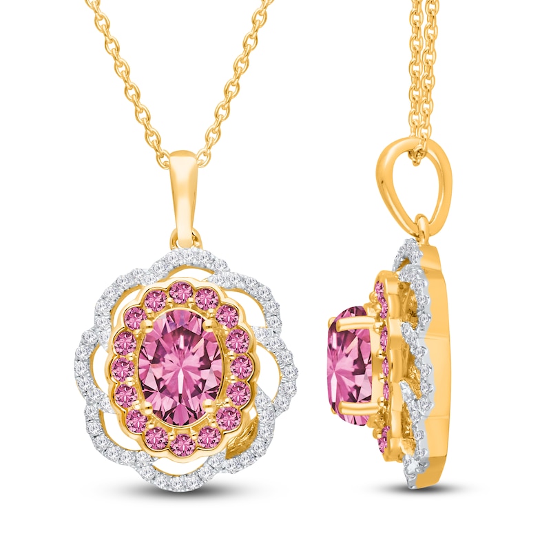 Main Image 3 of Kallati Oval-Cut Natural Pink Sapphire & Diamond Scalloped Halo Frame Necklace 1/4 ct tw 14K Yellow Gold 18"