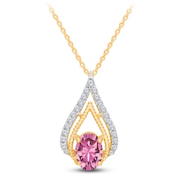 Kallati Oval-Cut Natural Pink Sapphire & Diamond Teardrop Necklace 1/6 ct tw 14K Yellow Gold 18"