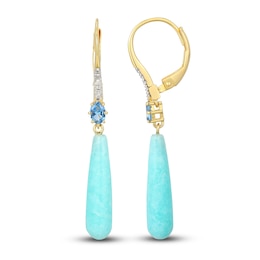 Pear-Shaped Natural Amazonite, Oval-Cut Natural London Blue Topaz & Diamond Dangle Earrings 1/20 ct tw 14K Yellow Gold