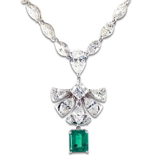 Jared Atelier Rectangle-Cut Natural Emerald & Certified Diamond Art Deco-Inspired Necklace 10-1/3 ct tw 18K White Gold 19"