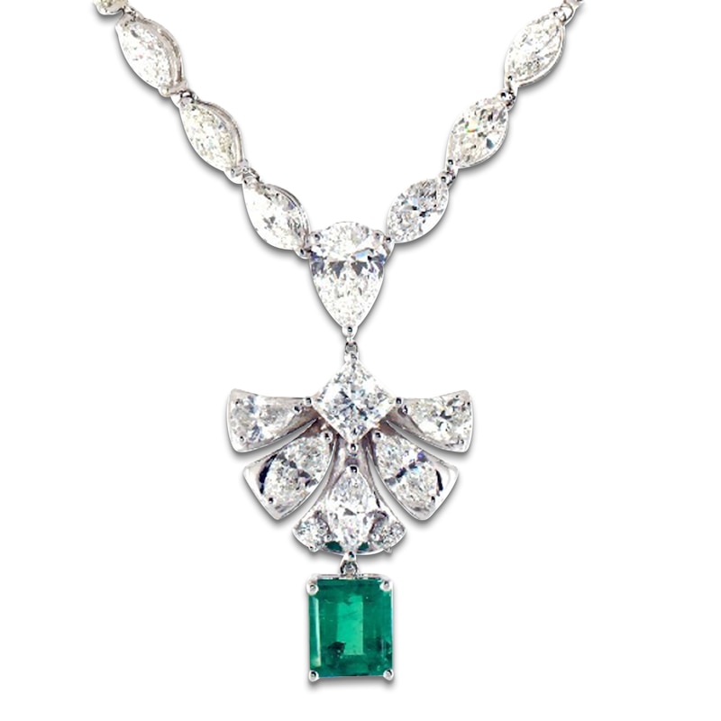 Main Image 1 of Jared Atelier Rectangle-Cut Natural Emerald & Certified Diamond Art Deco-Inspired Necklace 10-1/3 ct tw 18K White Gold 19"
