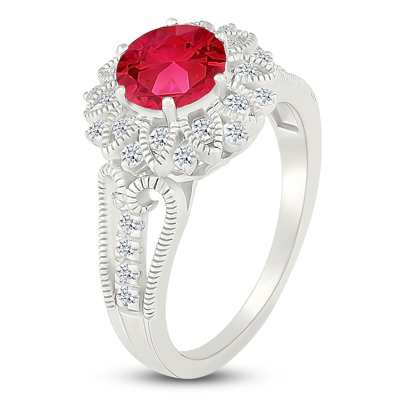 Main Image 2 of Lab-Created Ruby & White Lab-Created Sapphire Starburst Halo Ring Sterling Silver