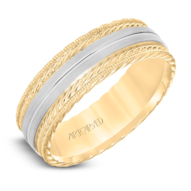 Main Image 2 of ArtCarved Men's Satin Milgrain Wedding Band 14K Two-Tone Gold 7mm