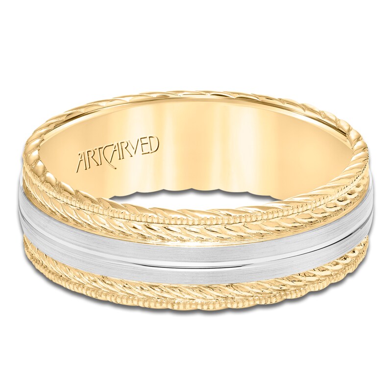Main Image 3 of ArtCarved Men's Satin Milgrain Wedding Band 14K Two-Tone Gold 7mm