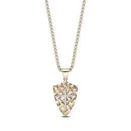 Men's Hammered Shield & Cross Necklace Yellow Ion-Plated Stainless Steel 24"