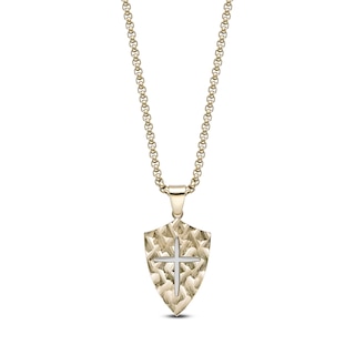 Men's Hammered Shield & Cross Necklace Yellow Ion-Plated Stainless Steel 24"