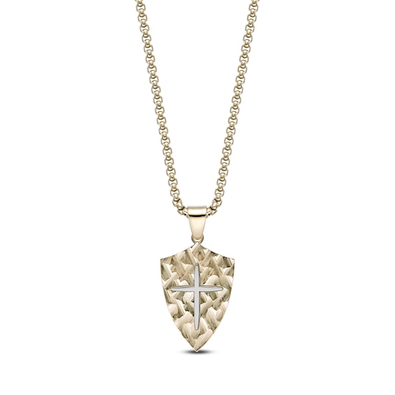 Men's Hammered Shield & Cross Necklace Yellow Ion-Plated Stainless Steel 24"