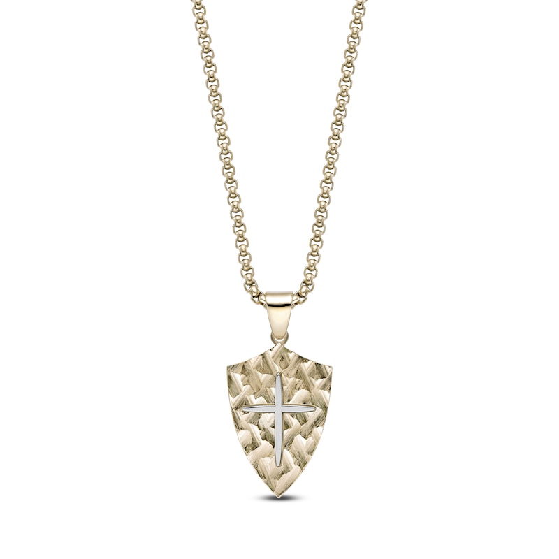 Main Image 1 of Men's Hammered Shield & Cross Necklace Yellow Ion-Plated Stainless Steel 24"