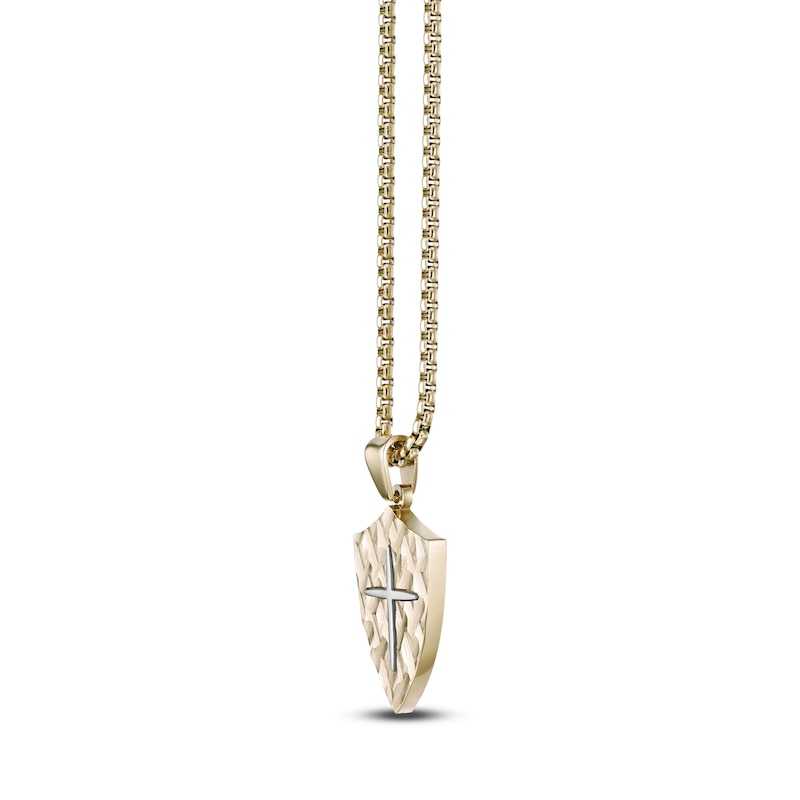 Main Image 2 of Men's Hammered Shield & Cross Necklace Yellow Ion-Plated Stainless Steel 24"