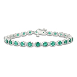 Lab-Created Emerald & White Lab-Created Sapphire Line Bracelet Sterling Silver 7"