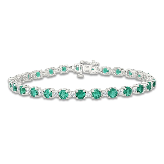 Lab-Created Emerald & White Lab-Created Sapphire Line Bracelet Sterling Silver 7"