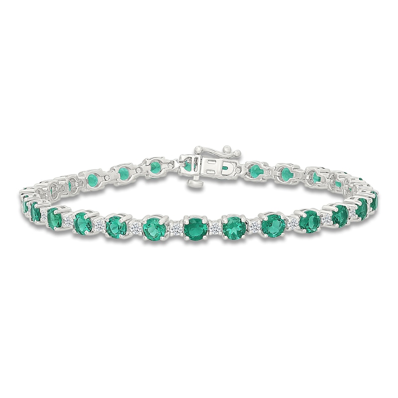 Main Image 1 of Lab-Created Emerald & White Lab-Created Sapphire Line Bracelet Sterling Silver 7"