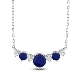 Natural Blue Sapphire & Diamond Curved Bar Necklace 1/8 ct tw 14K White Gold 18"