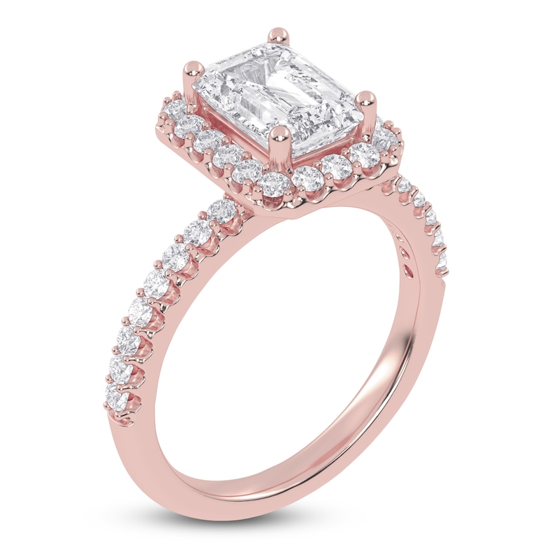 Main Image 2 of Emerald-Cut Lab-Grown Diamond Halo Engagement Ring 2 ct tw 14K Rose Gold