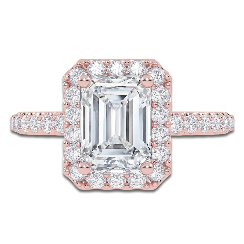 Main Image 3 of Emerald-Cut Lab-Grown Diamond Halo Engagement Ring 2 ct tw 14K Rose Gold