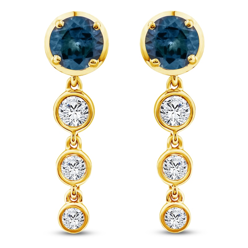 Main Image 1 of Montana Blue Round-Cut Natural Sapphire & Diamond Graduated Drop Earrings 1/4 ct tw 14K Yellow Gold