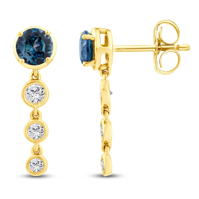 Main Image 2 of Montana Blue Round-Cut Natural Sapphire & Diamond Graduated Drop Earrings 1/4 ct tw 14K Yellow Gold