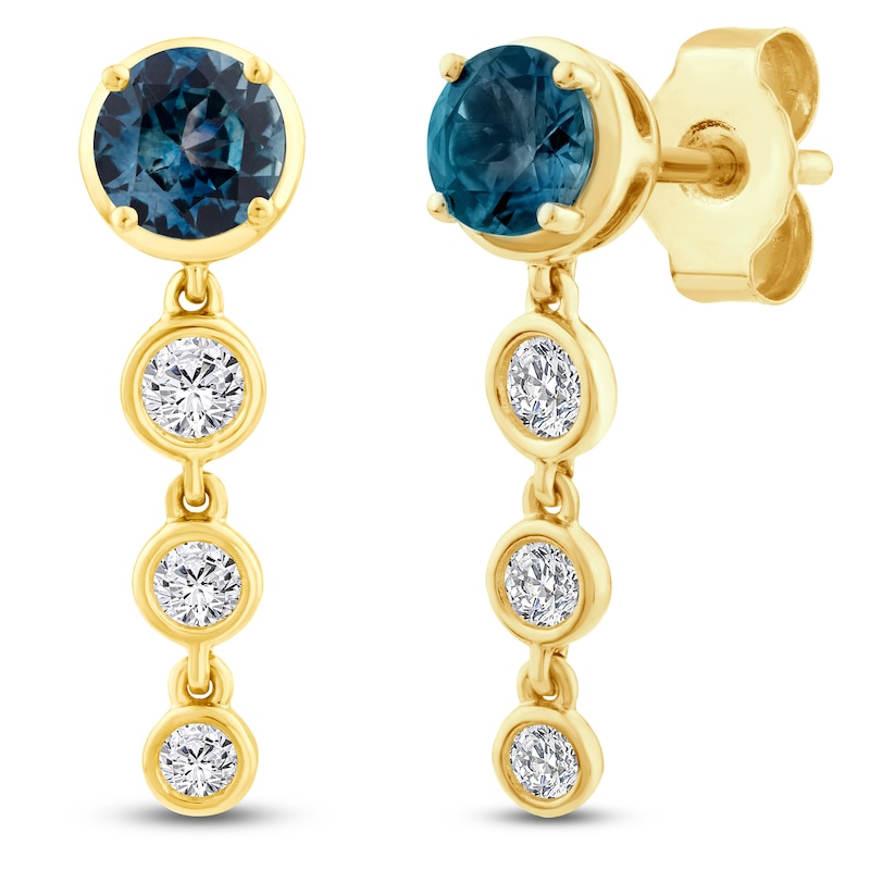 Main Image 3 of Montana Blue Round-Cut Natural Sapphire & Diamond Graduated Drop Earrings 1/4 ct tw 14K Yellow Gold