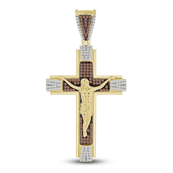 The New Fashioned Men's Brown & White Diamond Cross Charm 1/2 ct tw Round 10K Yellow Gold