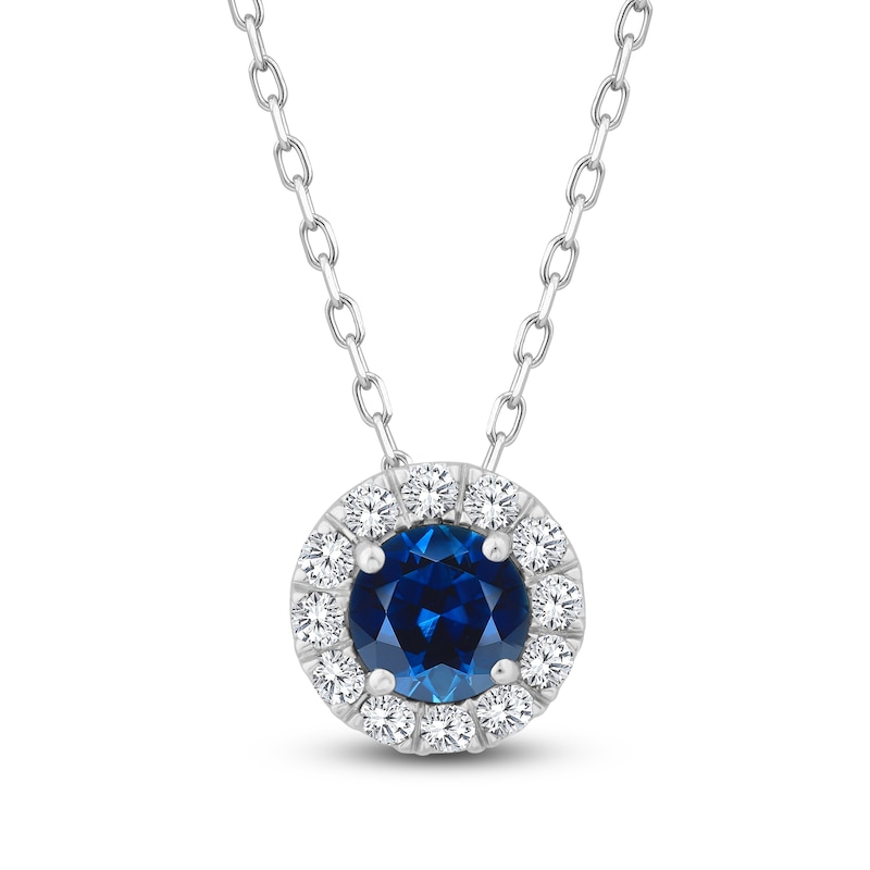 Main Image 1 of Natural Blue Sapphire & Diamond Halo Necklace 1/5 ct tw 10K White Gold 18"