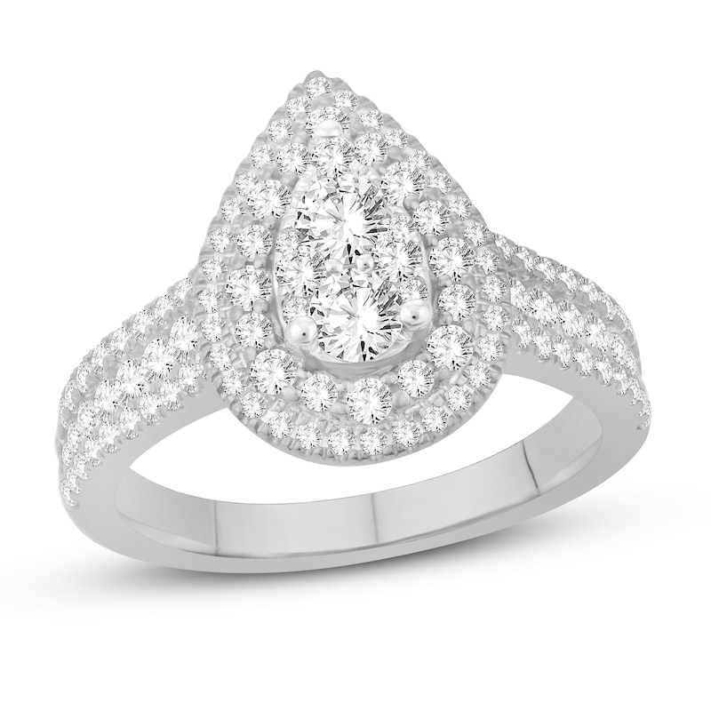 Pear Shaped Diamond Cluster Halo Engagement Ring in 14K White Gold