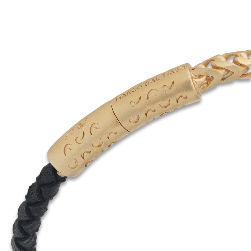 Marco Dal Maso Men's Black Leather Bracelet Sterling Silver/18K Yellow Gold-Plated 8"