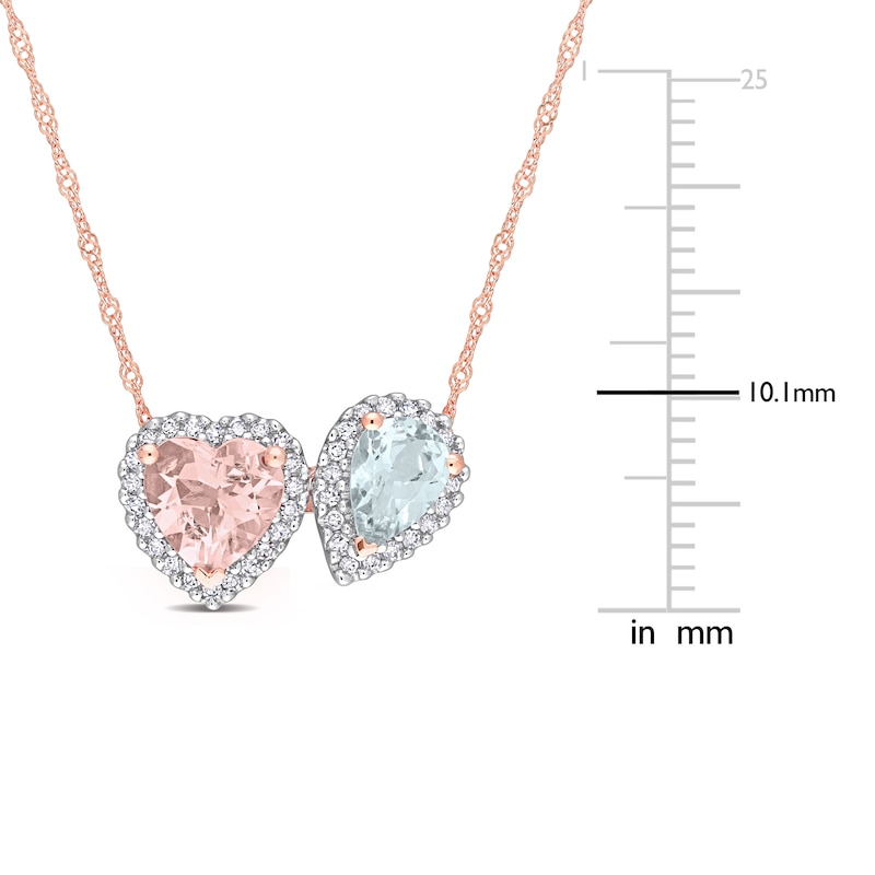 Natural Aquamarine & Natural Morganite Heart Necklace 1/5 ct tw Diamonds 14K Rose Gold 17"