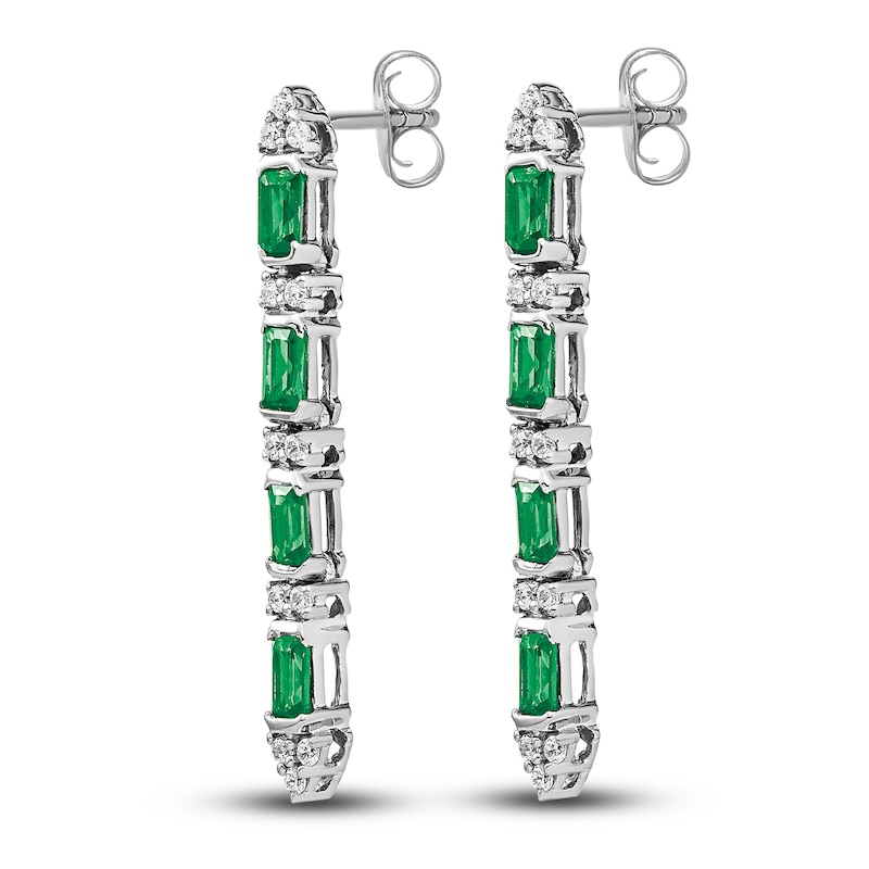 Natural Emerald Dangle Earrings 1/5 ct tw Diamonds 14K White Gold