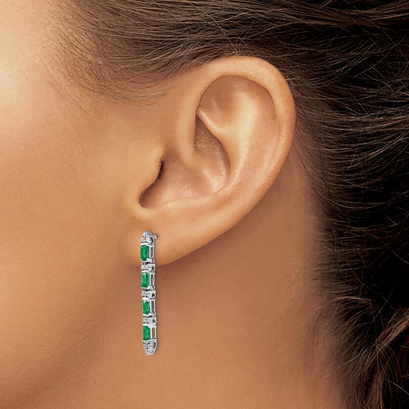 Natural Emerald Dangle Earrings 1/5 ct tw Diamonds 14K White Gold